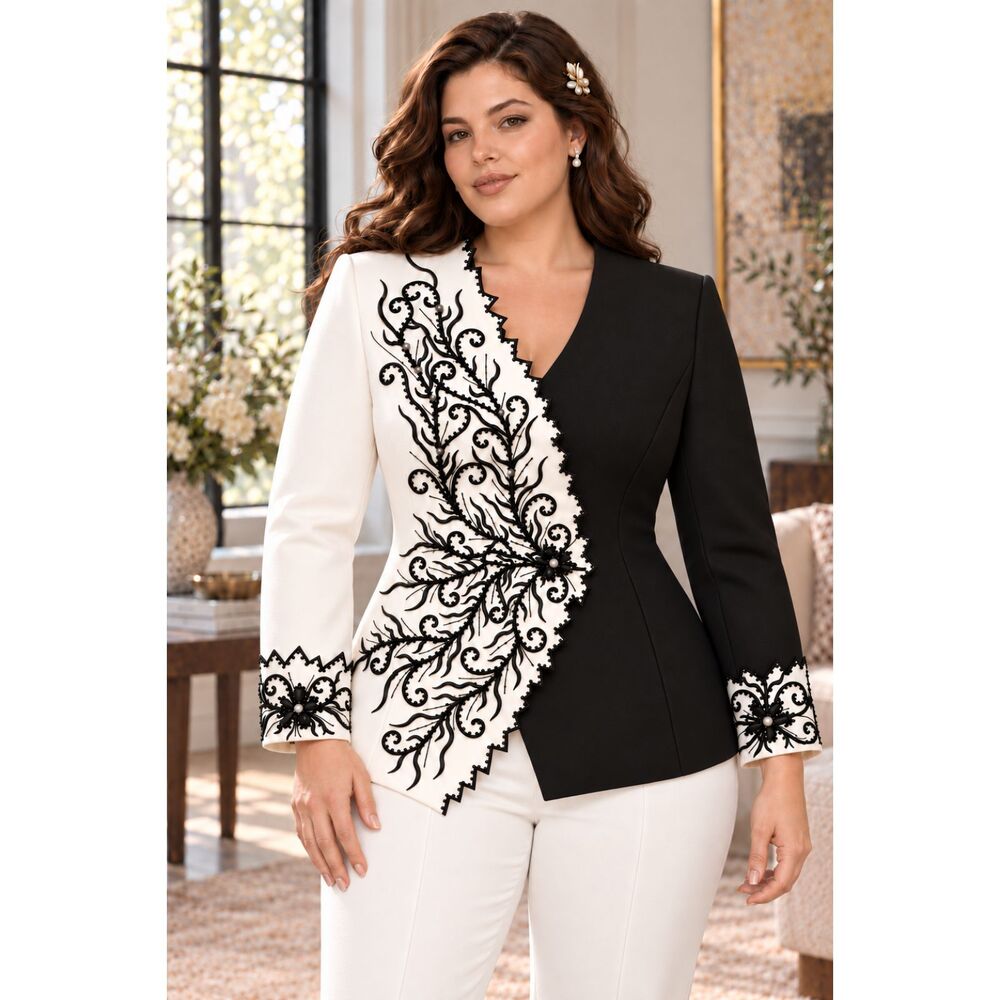 STUDIO B Black & Ivory Botanical Crystal Embellished Blazer 16W